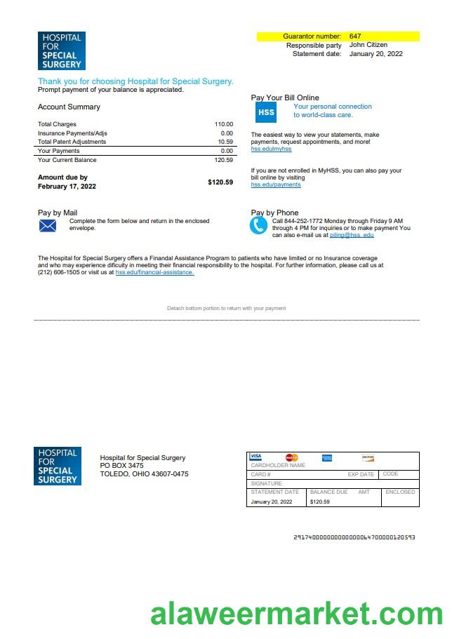 USA Ohio Hospital For Special Surgery utility bill template in Word and PDF format